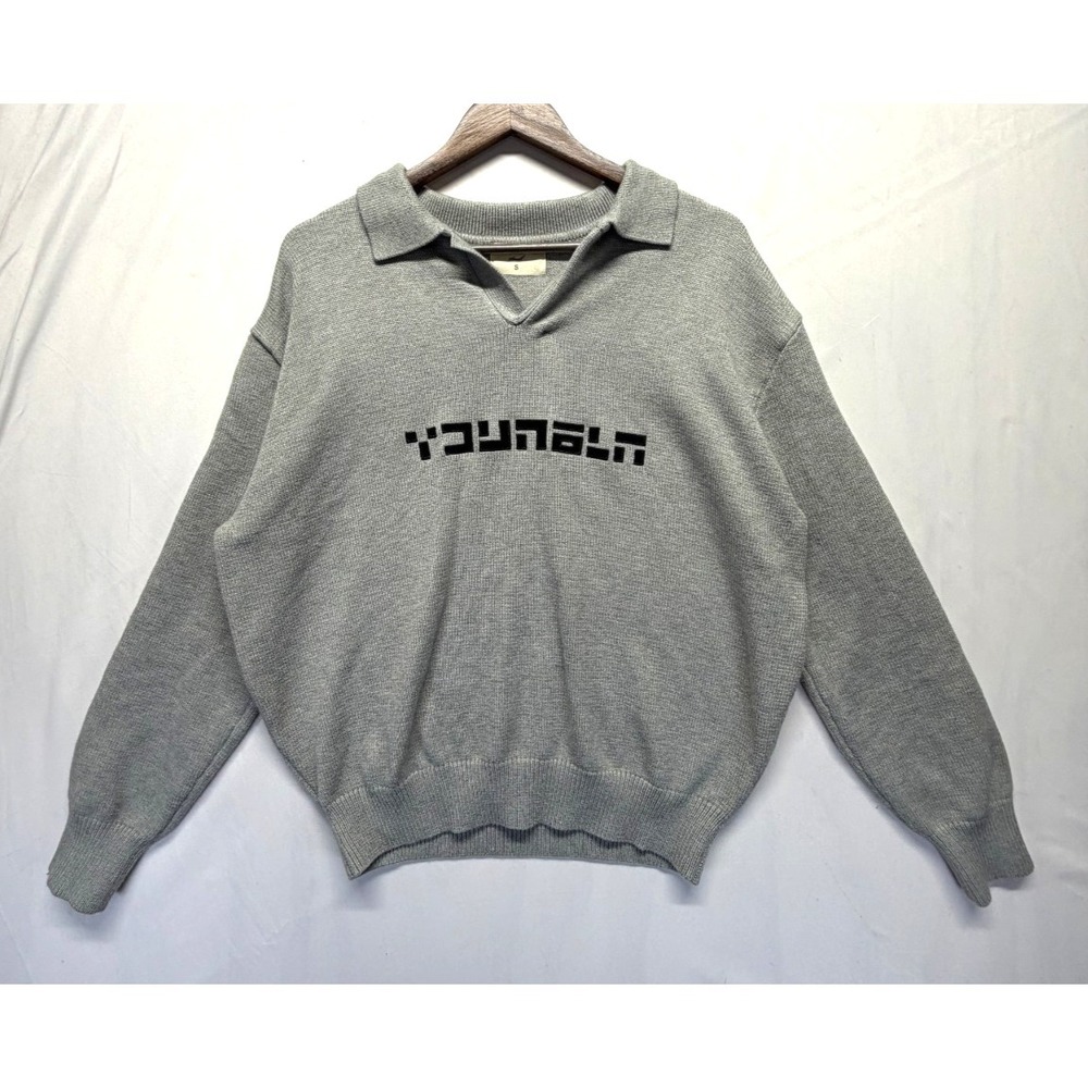 YoungLa 508 Knitted Polo Sweater Mens Small Gray Viscose Tight Knit Ribbed Trim